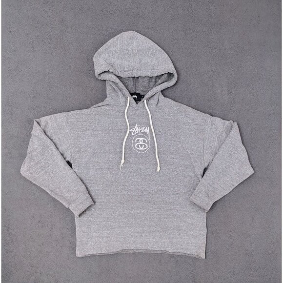 Stussy Stock Link Raw Edge Gray Hoodie Sz (M) Unisex Long Sleeve Embroidered Y2K - Picture 1 of 8